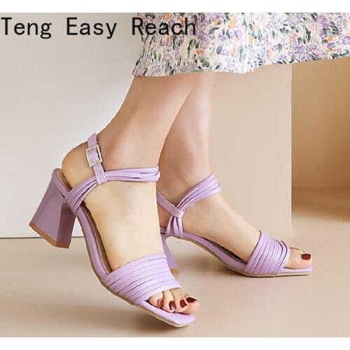 Summer ankle strap Sandals Women Thick High Heels Shoes Buckle Open Toe Party Sandals Lady green white purple Pink Big Size 43