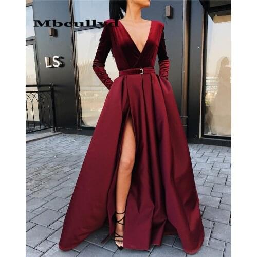 Mbcullyd Luxury Velvet Satin Prom Dresses 2020 With Long Sleeves Evening Dress Pageant For Women African Dubai Party Gowns