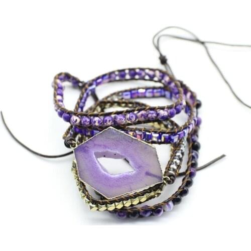 Irregular purple natural stone slab focus bracelet hand made with matching beads and hematite vintage style for men and women