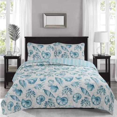 Bed cover+Pillow cases Blue conch seaweed Bedspread Ocean style Bedding set Luxury cotton Quilt Quilting Blanket Double bed