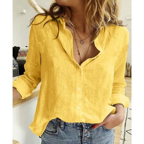 Spring and Autumn Women Shirts Button Lapel Tops Lady Leisure Loose Solid Color Long Sleeve Oversized Cotton and Linen Blouses
