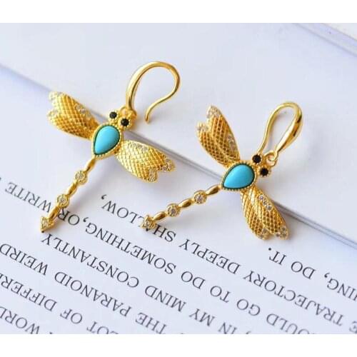 Natural Hetian Jade Heritage Ancient Gold Craft Small Dragonfly Turquoise Earrings Long Elegant Graceful Delicate Earrings Femal