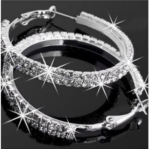 Popular earring With rhinestone Crystal circle hoop earrings Simple big circle Silver Plated hoop earrings for women Jewelry