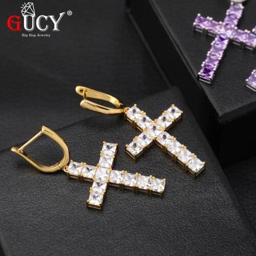 GUCY Iced Zircon Ankh Cross Earring Gold Silver Color Micro Paved AAA Bling CZ Stone Earrings For Man Women Hip Hop Jewelry