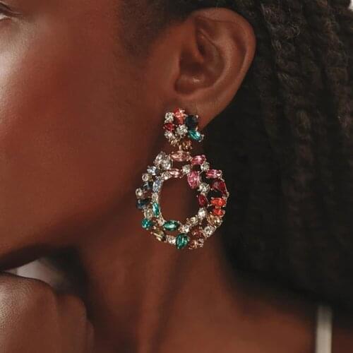 Stonefans Creative Colorful Round Crystal Hoop Earring for Women Rhinestone Dangle Drop Earring Bridal Wedding Statement Jewelry