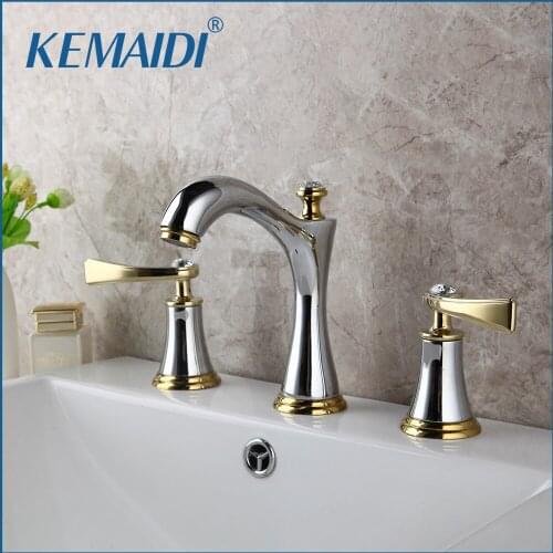 KEMAIDI Chrome Brass Bathroom 3 Pcs Faucet Set Deck Mounted Stream 2 Handles Diamond Bathroom Bathtub Basin Sink Mixer Tap