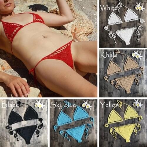 Womens Sexy Micro Bikini Crochet Cotton Thong G String Lingerie Triangle Bikini Top Bra Solid Bottom Beach Swimwear