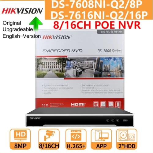 Hikvision NVR DS-7608NI-Q2/8P DS-7616NI-Q2/16P 8/16 Channels 4K Network Video Recorder 8MP 2 SATA For PoE IP Camera H.265+ CCTV