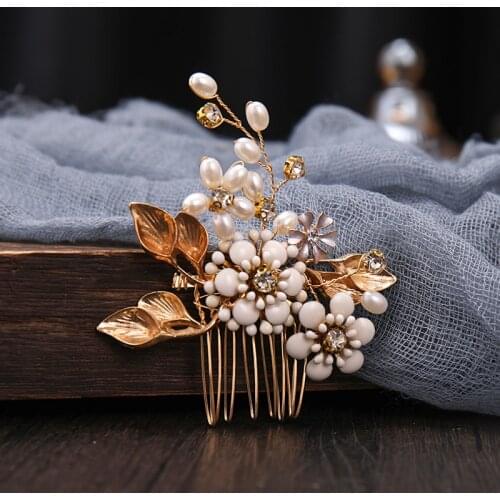 Gold Color Pearl Flower Leaf Hair Comb Hairpin For Women Bride Wedding Hair Accessories Hair Jewelry Rhinestone Bridal Headpiece