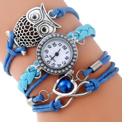 Gnova Platinum Multilayer Paracord Bracelet Watch Women OWL Charm Blue Heart Vintage Fashion Rhinestone Wristwatch Quartz A898