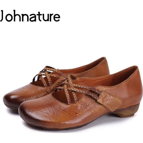 Johnature Genuine Leather Pumps Women Shoes 2020 New Autumn Retro Round Toe Hook & Loop Totem Casual Hoof Heels Ladies Shoes