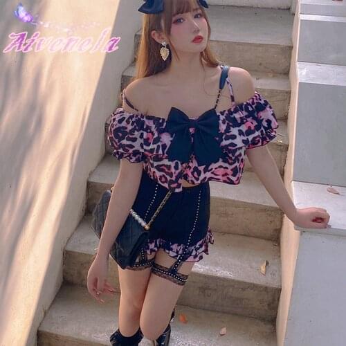 Harajuku Hot Girl Club Suit Shorts Pants Leopard Bow Tops Blouse Two-piece Set Sexy Streetwear Summer Female AFC1024
