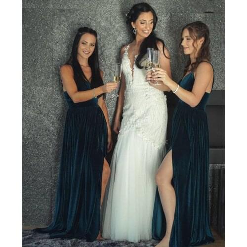 2021 A line Green Bridesmaid Velvet Sleeveless Side Slit Women Party Night Spaghetti Strap robe de soirée de mariage Gorgeous