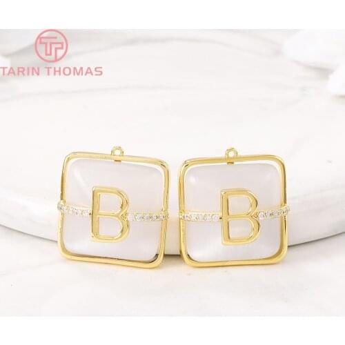 2PCS 18MM 24K Gold Color Brass with Zircon Square with Letter B Charm Pendants for DIY Jewelry Making Findings Accessories