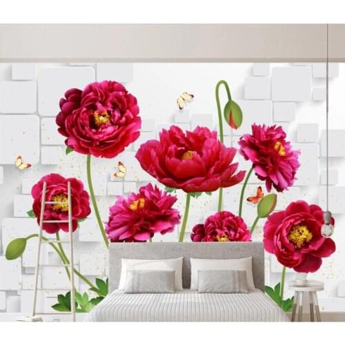 Custom photo 3d wallpaper HD Peony Flower Butterfly Brick Wall living room home decor 3d wall murals wallpaper for walls 3 d