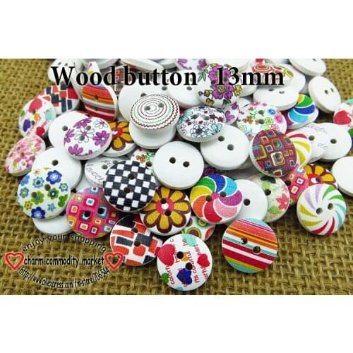Crafts 50pcs 13MM Flowers Wooden Buttons Mixed Pattern 2-Holes Button Sewing Scrapbooking DIY Accessories