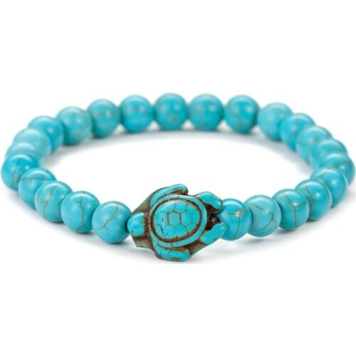 Summer Style Sea Turtle Beads Bracelets For Women Men Classic 8MM Blue Natural Stone Elastic Friendship Bracelet Beach Jewelry