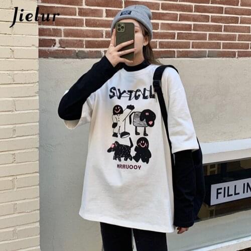Jielur Womens T-shirt Cartoon Print Casual Tees Short Sleeve T shirts O-Neck White S-L BF Kpop Tops for Woman T-shirt Fashion