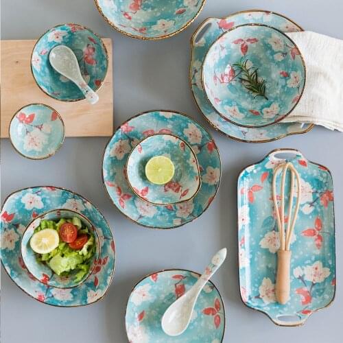 Guopin Ceramic Japanese-Style Dinner Plate Salad Sushi Steak Serving Plate Blue Flower Sauce Dish Tableware set
