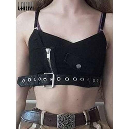 Chic Sexy Crop Tops Women Tank Top Streetwear Red Plaid Punk Zipper Chain Plaid Female Goth Retro Hip Hop Camis Top