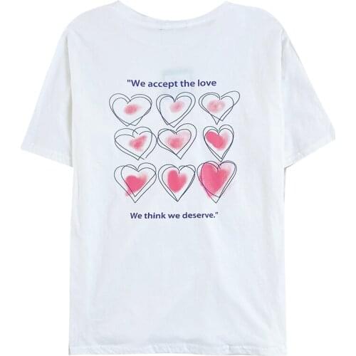 Simple pen love printing design on the back summer black white o neck loose short-sleeved T-shirt