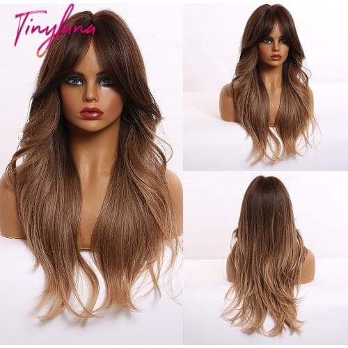TINY LANA Middle Point Natural Wavy Synthetic Wigs with Bangs Gradient Brown to Golden with Highlight For women Heat Resistant