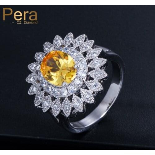 Pera Trendy Women Jewelry Yellow Zirconia Stone Setting Fashion Ladies Engagement Party Big Sun Flower Rings R054