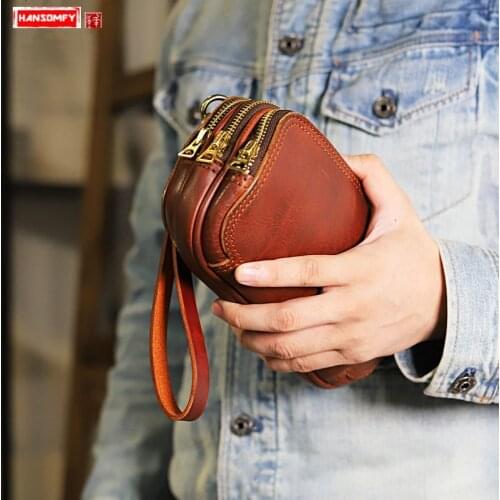 Men Clutch Bag Large Capacity Wallets Casual Bags Multilayer Zipper MENS Cowhide Origional Handmade Stitching Genuine Leather