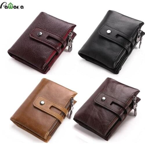 Retro Genuine Leather Men Wallets Bifold Card Holder Short Coin Purse Small Vintage Zipper Cow Wallet