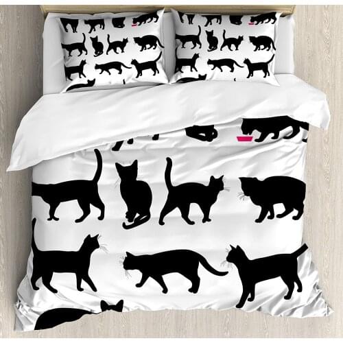 Cat Duvet Cover Set Black Cat Silhouettes in Different Poses Domestic Pets Kitty Paws Tail and Whiskers Decorative 3 Piece Bed
