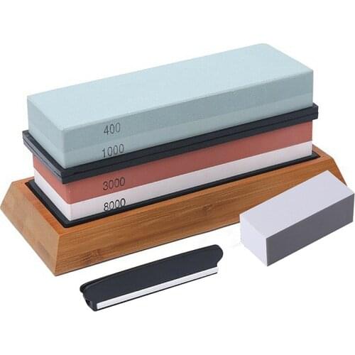 Sharpener Stone Set 2 in 1 Knife Sharpening Grinding Whetstone with Bamboo Base Knife Guide 400/1000 3000/8000 Grit Kitchen Tool