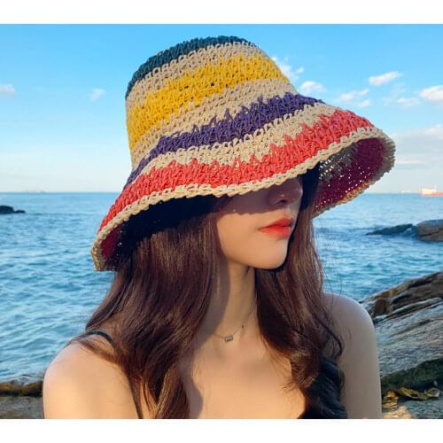2021 Summer Womens Bucket Straw Hat Made Rainbow Crochet Foldable Panama Hat Female Beach Sun Hat Outdoor Travel Shade Visor