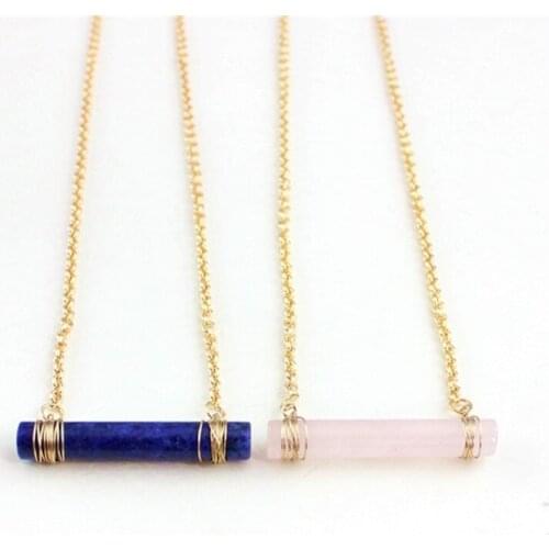 Blue Rose Pink Quartz Necklace Cylinder Natural Healing Crystal Stone Pendant Sweater Long Geometric Charms Accessories Jewelry