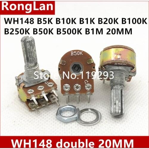 WH148 16 type volume amplifier double potentiometers B5K B10K B1K B20K B100K B250K B50K B500K B1M 20MM--50PCS/LOT