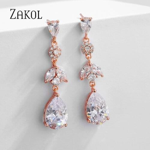ZAKOL Classic Romantic AAA Water Drop Cubic Zirconia Copper Alloy Earring Luxury Elegant Wedding Long Dangle Earrings FSEP5069