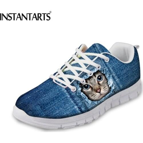 INSTANTARTS Womens Jeans Style Cat 3D Print Fashion Flats Shoes Cute Casual Female Sneakers Light Breathable Girls Ladies Shoes