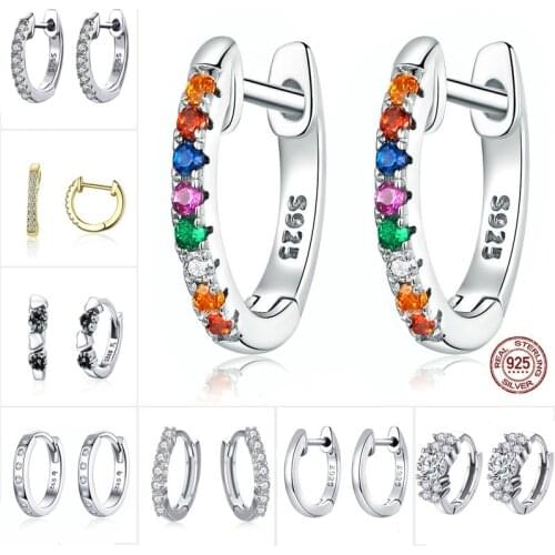 BISAER 925 Sterling Silver Cubic Zircon Round Circle Crystal Women Korean Hoop Earrings for Women Fashion Women Earrings brincos