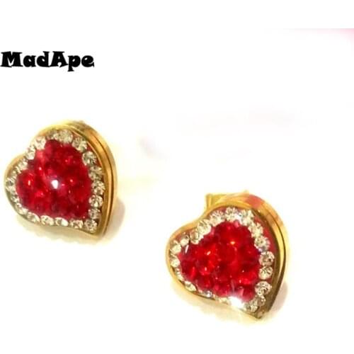 MadApe 1 Pair Red Zircon Earrings Stainless Steel Heart Stud Earrings For Women Party Earrings Jewelry For Lovers Jewelry