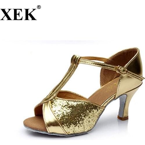 XEK Women Girls Latin Dance Shoes Satin /Glitter Tango dance shoes Ballroom Dance Shoes High Heels 4 Colors GSS41
