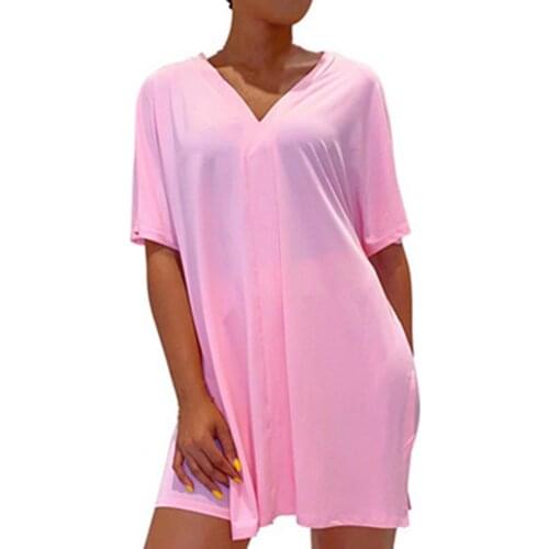 Large Size Tracksuit Solid Color Split Women Polyester V Neck Short Sleeve T-shirt Shorts Set for Sleeping Loose Wear