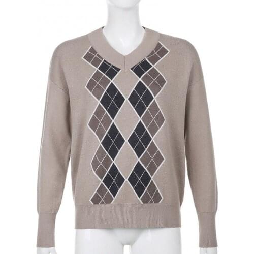 Women Pullover Sweater Fashion V Neck Long Sleeve Argyle Plaid Jumper Autumn Winter Slim Knit Sweater Jumpers