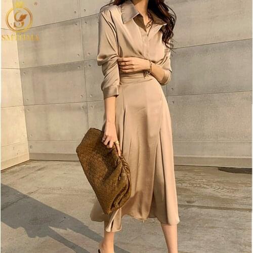 SMTHMA New Autumn Women Long Sleeves Fashion Shirt Dresses Vintage Elegant Sexy Party Night Solid Vestido Da Festa