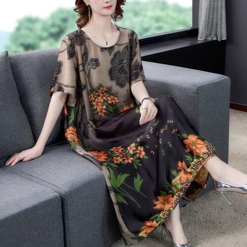 Summer Vintage Women Clothing , Female Short Sleeve Floral Printed Loose 4xl 5xl Imitation Silk Dress , Long Dresses for Woman
