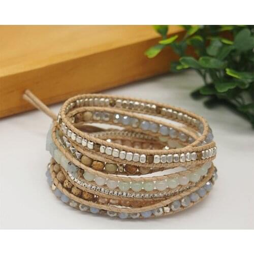 5Layers Boho Wrap Bracelets Natural Picture Stone Crystal Amazonite Copper Beads Bracelet 316 Stainless Steel Box Chain Jewelry