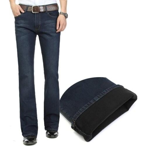 Free Shipping 2020 High Quality Men Winter Worm Fleece Blue Boot Cut Jeans Business Casual Flare Pants Mid Waist Velvet Trousers