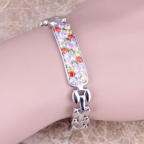 Charming Multicolor Multigem Silver Plated Link Chain Bracelet 7.5 inch S0683
