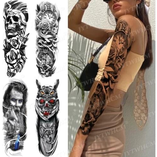 Black Large Clock Old School Fake Tattoo Sticker For Women Dot Rose Peony Temporary Tattoos DIY Flash Water Transfer Tatoos Girl