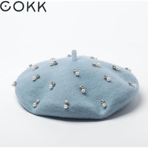 COKK Wool Beret Women Hat Autumn Winter Handmade Full Rhinestone Pearl Beads Lady Beret Cap Hat Female Korean Painter Cap 2020