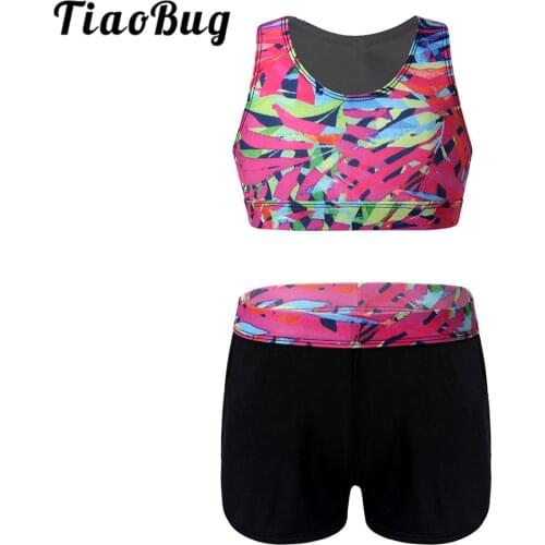 TiaoBug Kids Sleeveless Printed Crop Top Sports Bra with Gymnastics Shorts Set Children Girls Ballet Workout Two-piece Dancewear