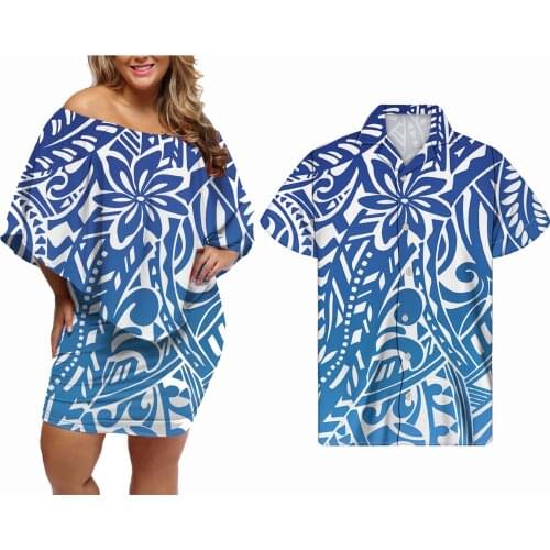 Hycool Elegant Sky Blue Polynesia Samoa Tribal Design Plain Women Dress Wholesale Women Bodycon Party Dress Match Men Shirt 2021